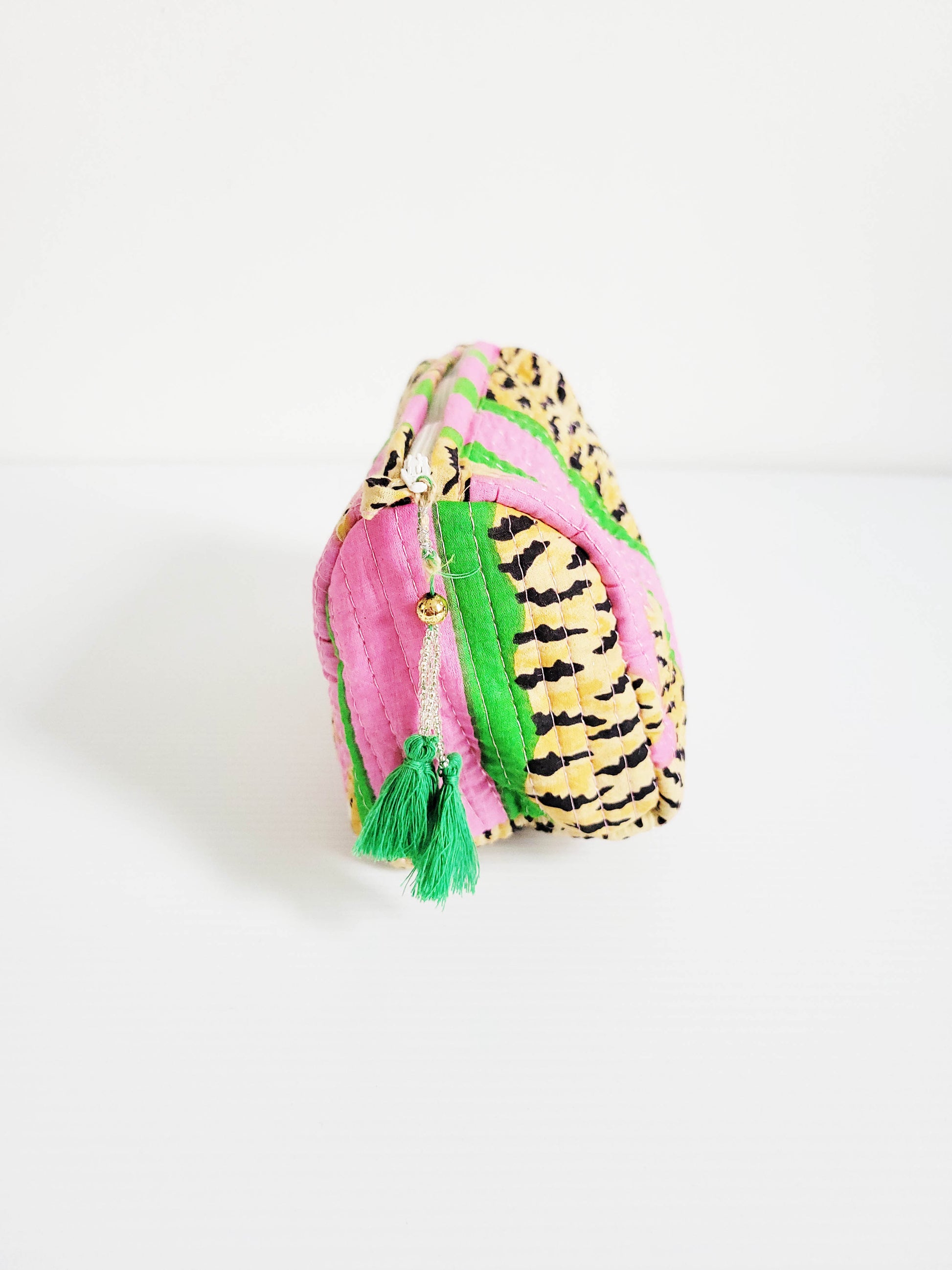 Side view of blue and pink flower tote.