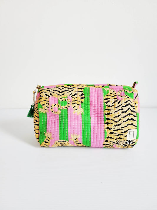 Close-up of blue and pink flower tote.