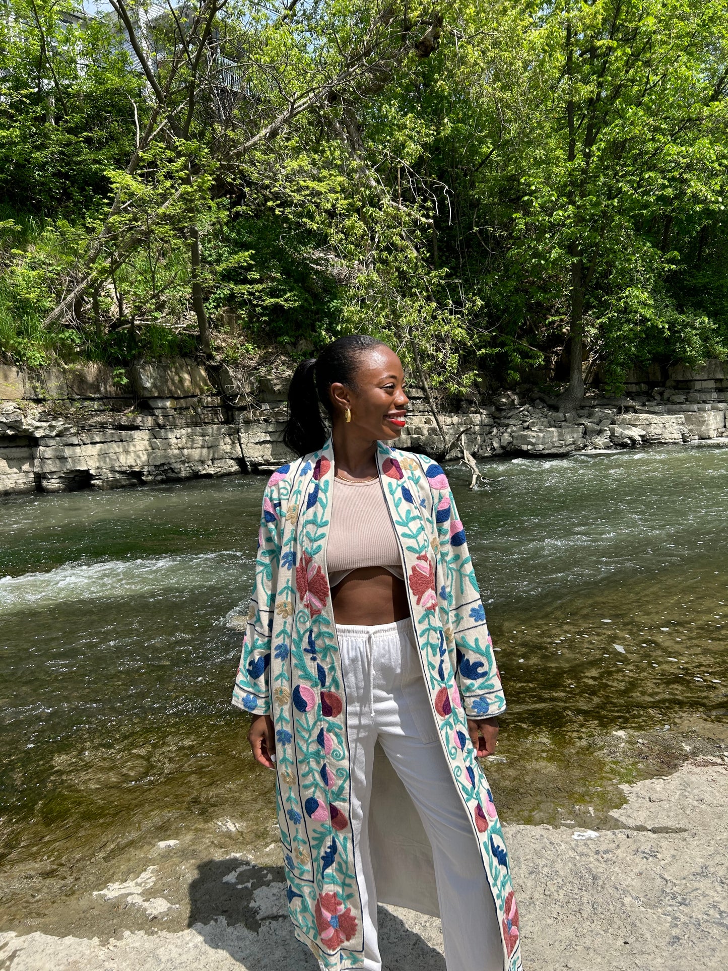 Isla Jacket Long Duster Style - Tan Brown Blue Size M