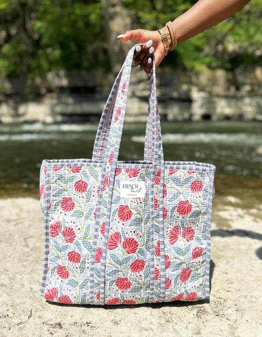 The Weekend Tote Blue Pink Flower