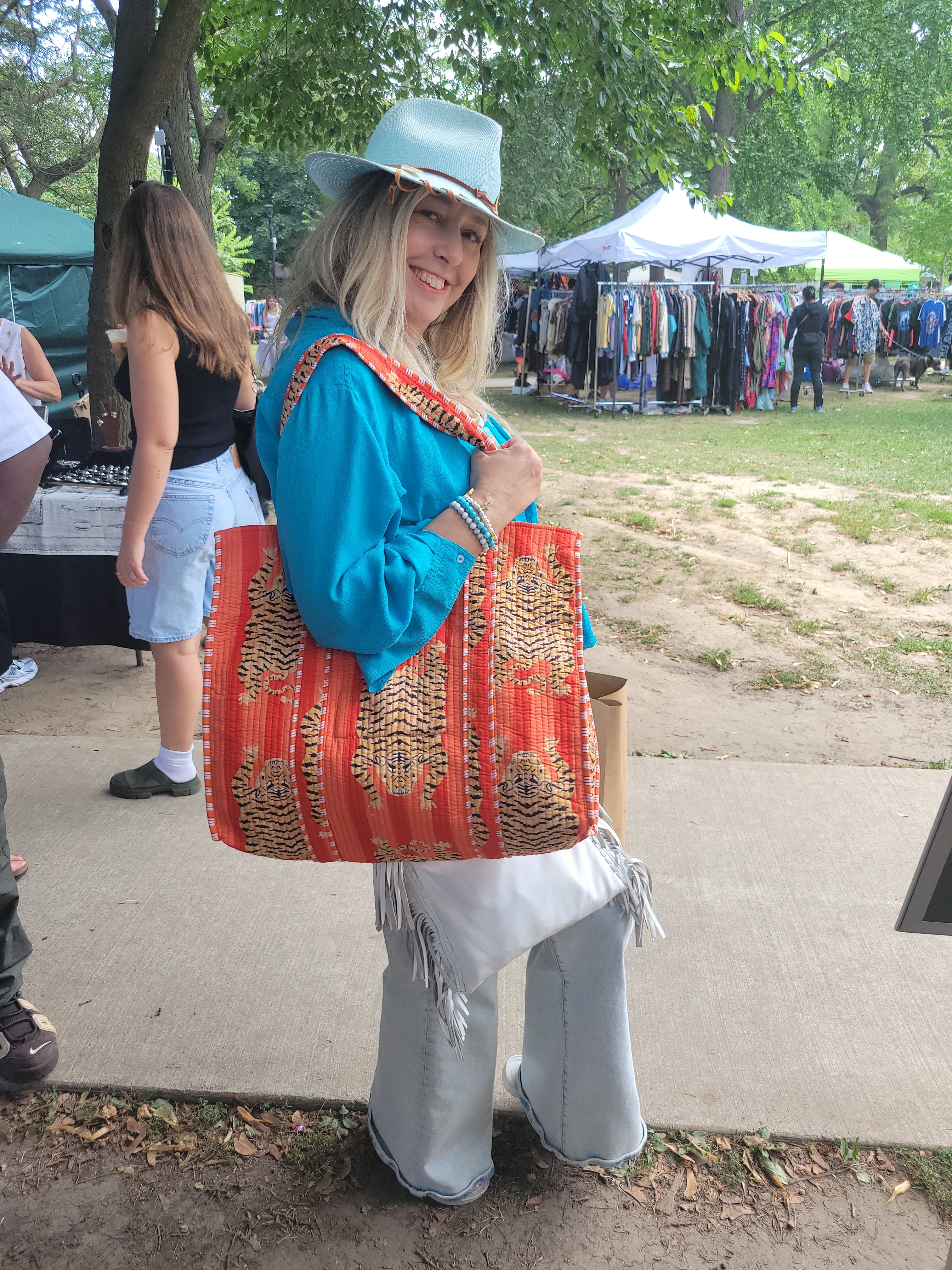 Shop the Quilted Weekend Tote Bag in Orange Pink Tiger | French Toast