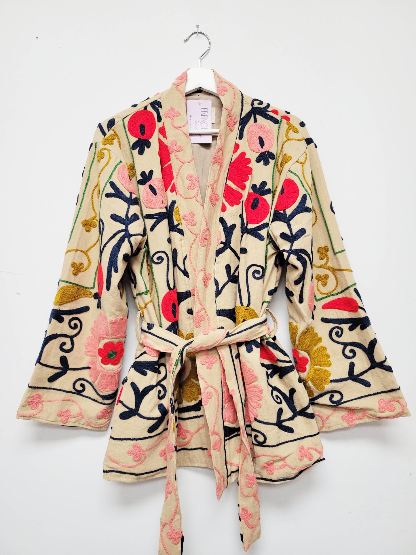 Isla Jacket Mid Length - Tan Brown Red Mustard and Navy Blue Size M