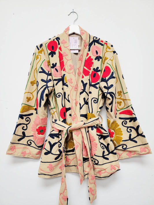 Isla Jacket Mid Length - Tan Brown Red Mustard and Navy Blue Size M