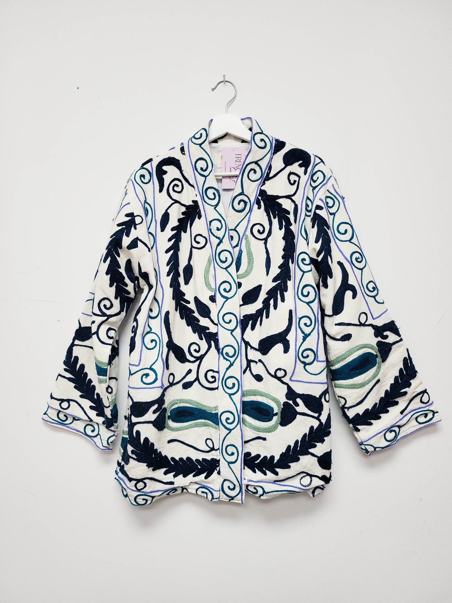 Isla Jacket Mid Length - White Periwinkle Blue and Navy Blue Size M