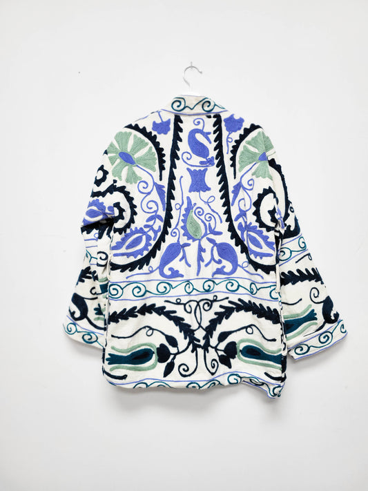 Isla Jacket Mid Length - White Periwinkle Blue and Navy Blue Size M