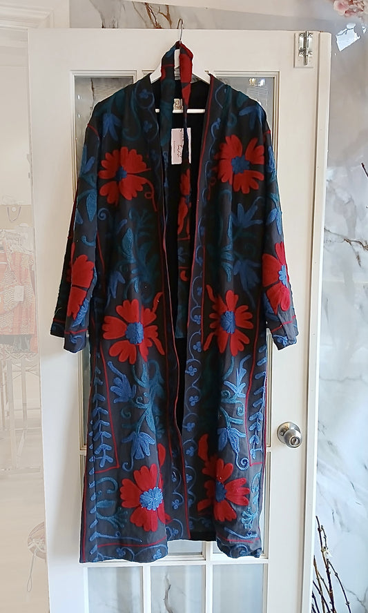 Isla Jacket Long Duster Style - Charcoal, Red and Blue