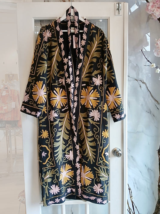 Isla Jacket Long Duster Style - Charcoal, Pink Green and Gold