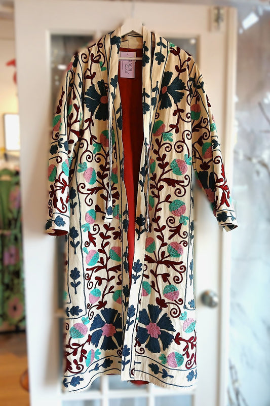 Isla Jacket Long Duster - White, Tan and Burgundy