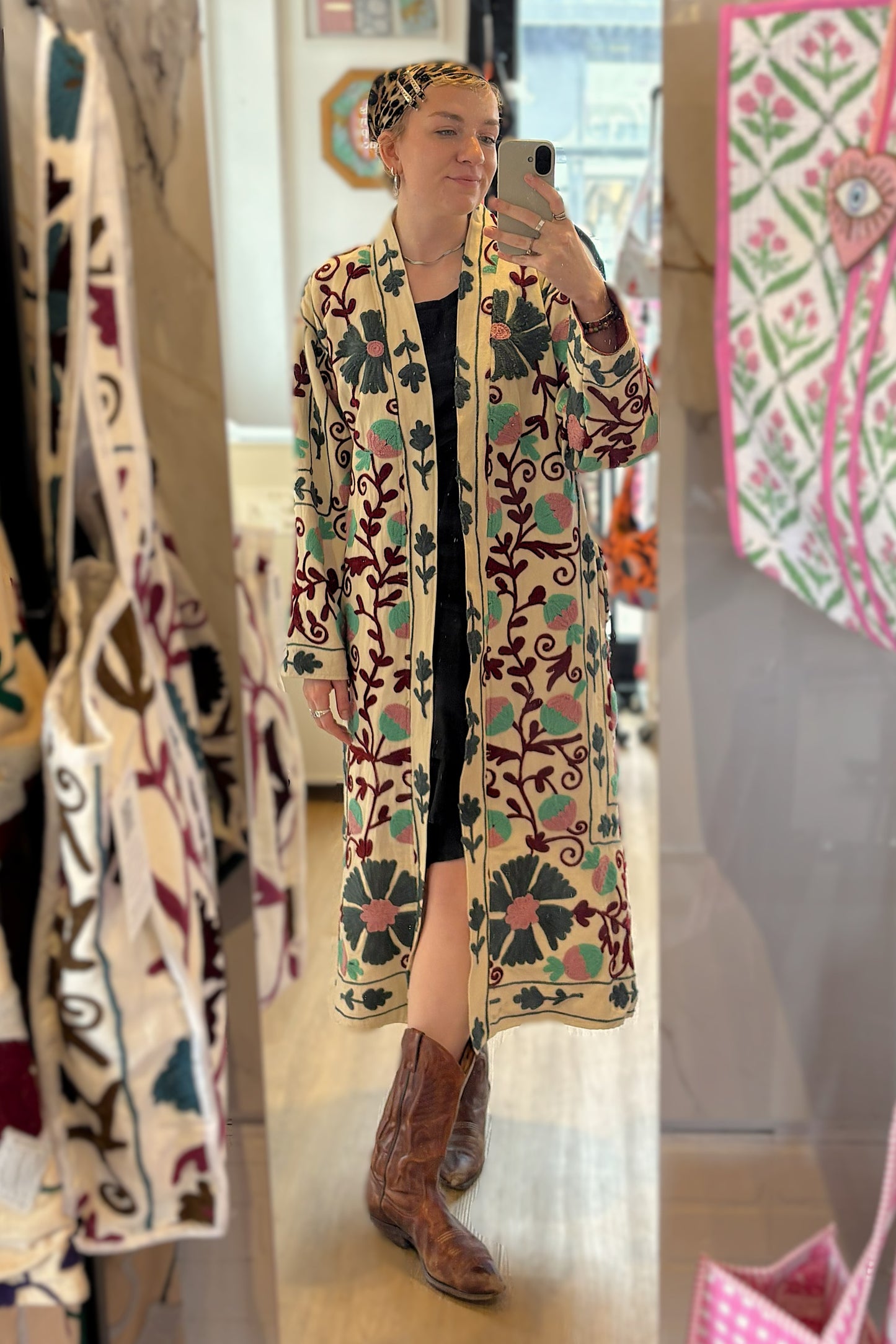 Isla Jacket Long Duster - White, Tan and Burgundy
